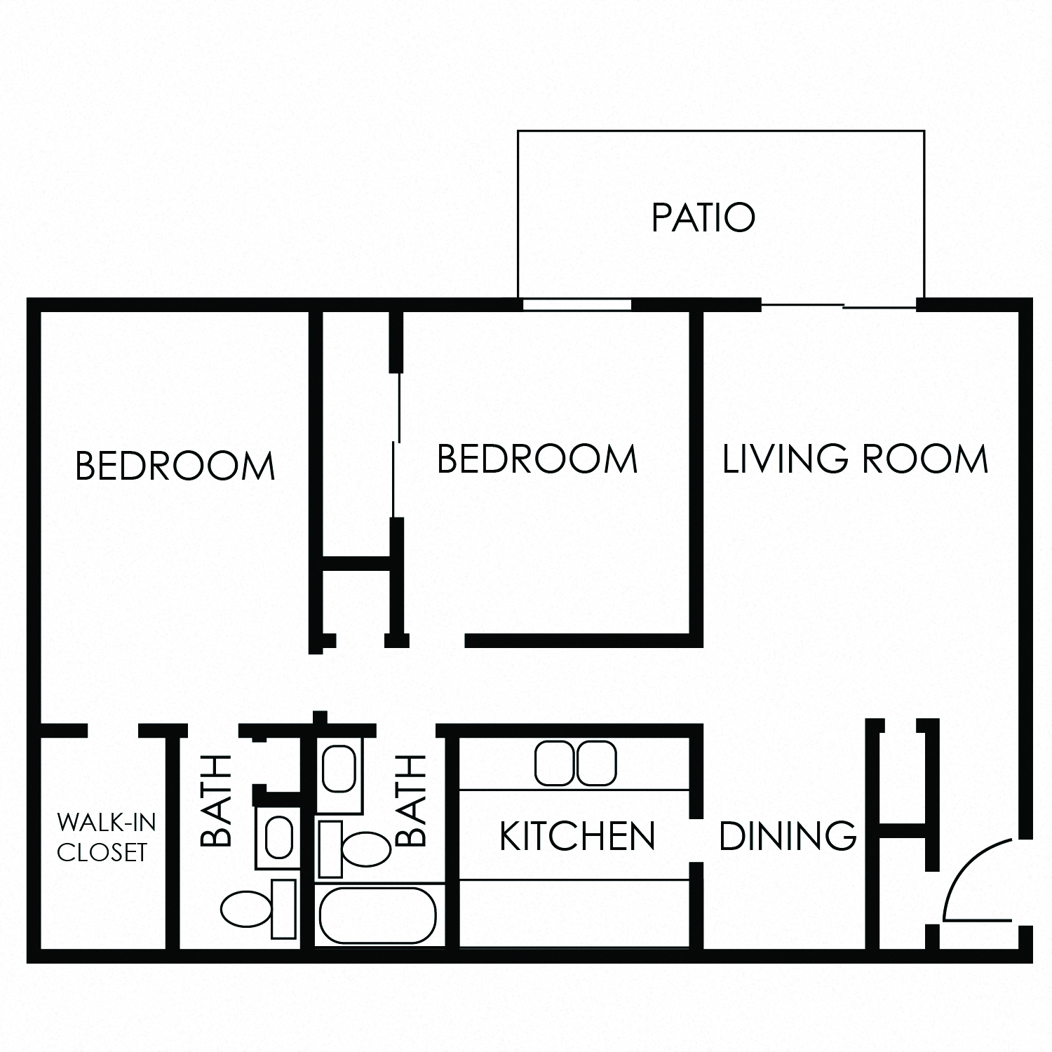 Floor plan for 2 beds, 1.5 baths, 970 sqft